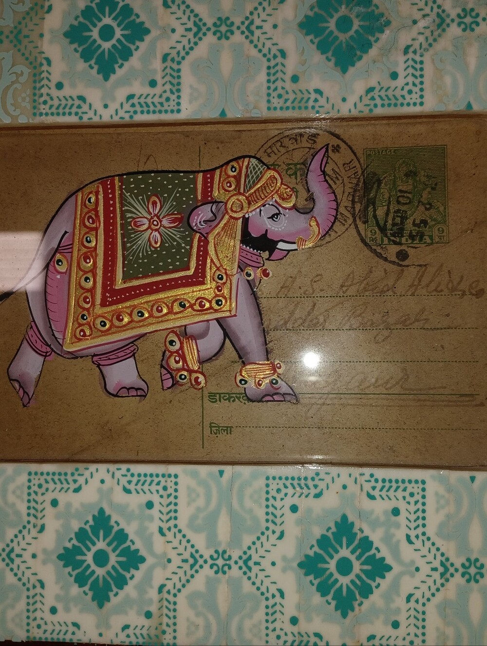 Pink Elephant Decorative Art Print with Gold and Green Accents